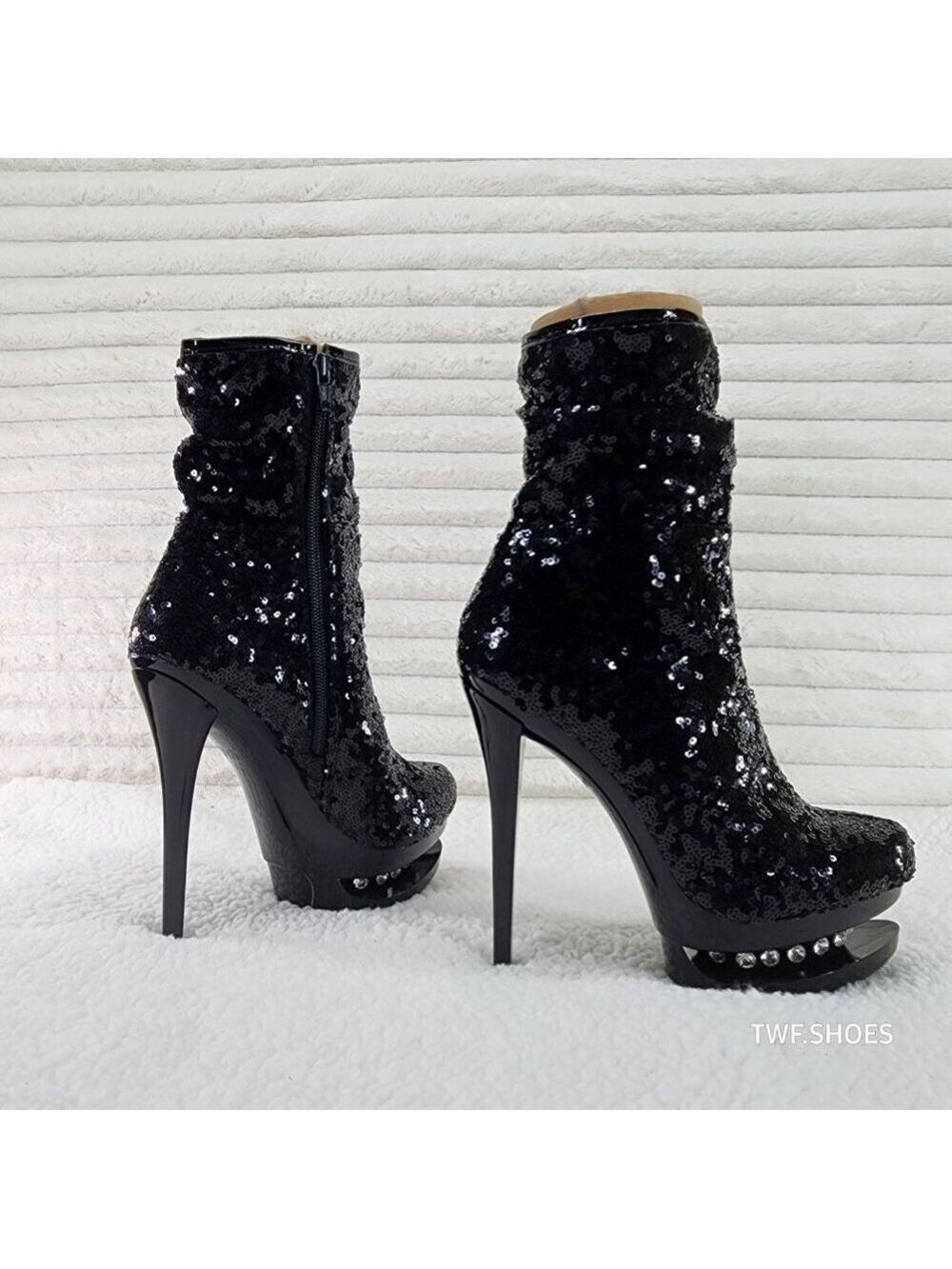 Pleaser Sexy Black Sequin High Heel Slouch Ankle Boots Blondie 1009 - Picture 4 of 8